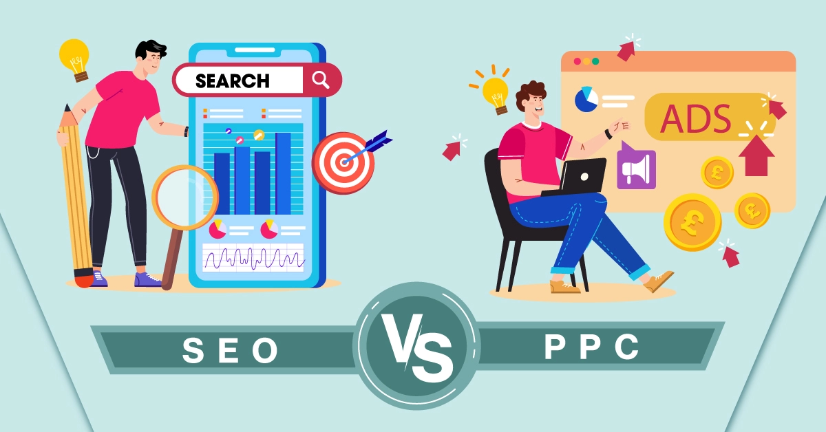 SEO vs PPC cartoon graphic